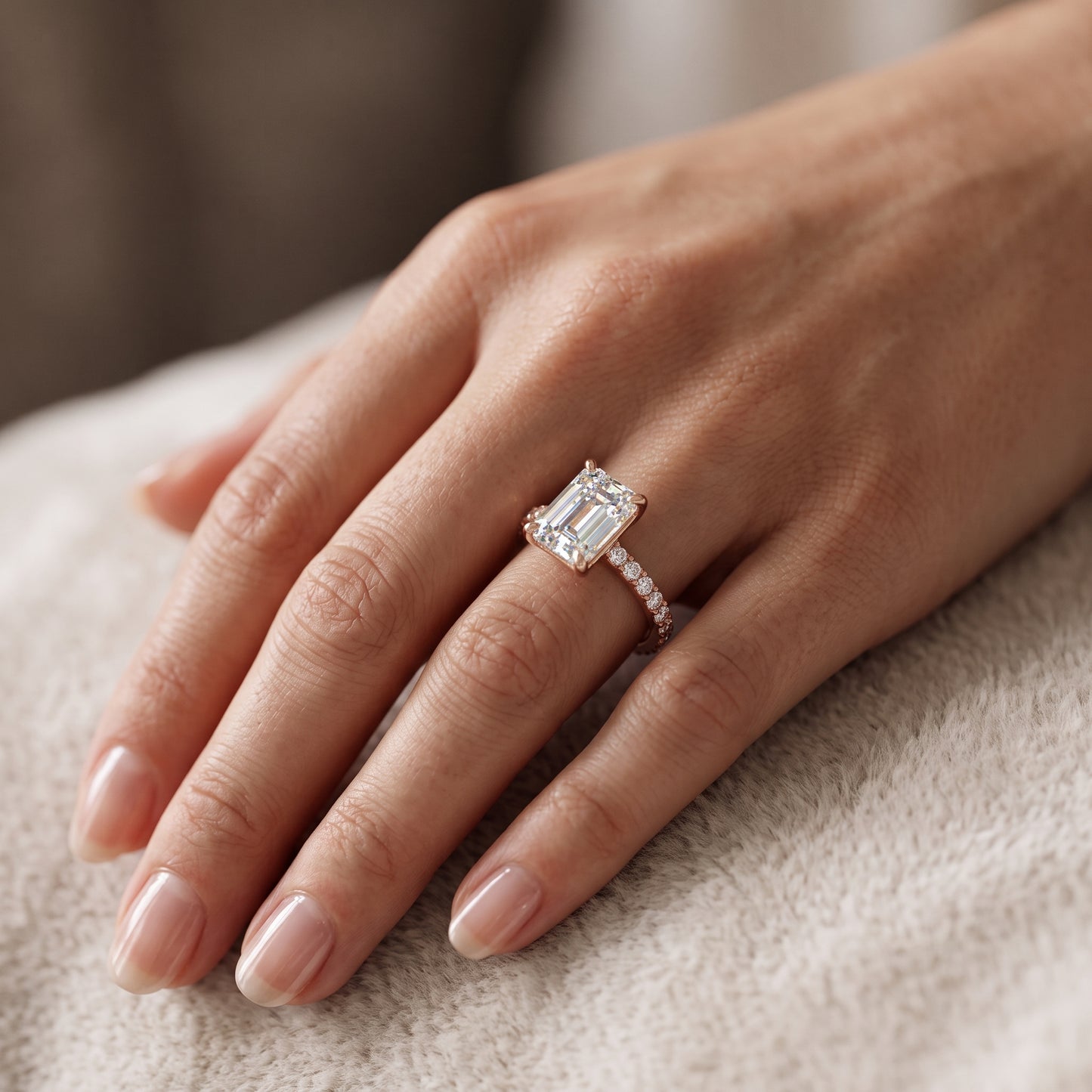 2.0ct Emerald cut  Lab Grown Diamond Solitaire Engagement Ring with Hidden Halo Pave Setting