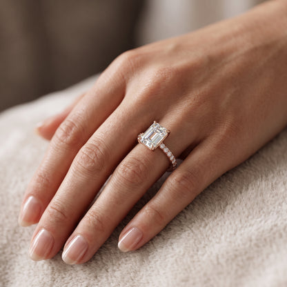 2.0ct Emerald cut  Lab Grown Diamond Solitaire Engagement Ring with Hidden Halo Pave Setting