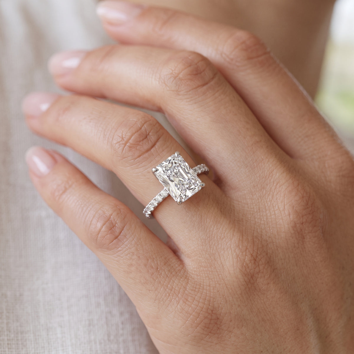 1.5 CT Radiant Cut Lab Grown Solitaire Hidden Halo Half Eternity Engagement Ring
