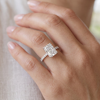 1.5 CT Radiant Cut Lab Grown Solitaire Hidden Halo Half Eternity Engagement Ring