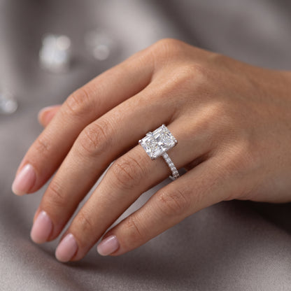 1.5 CT Radiant Cut Lab Grown Solitaire Hidden Halo Half Eternity Engagement Ring
