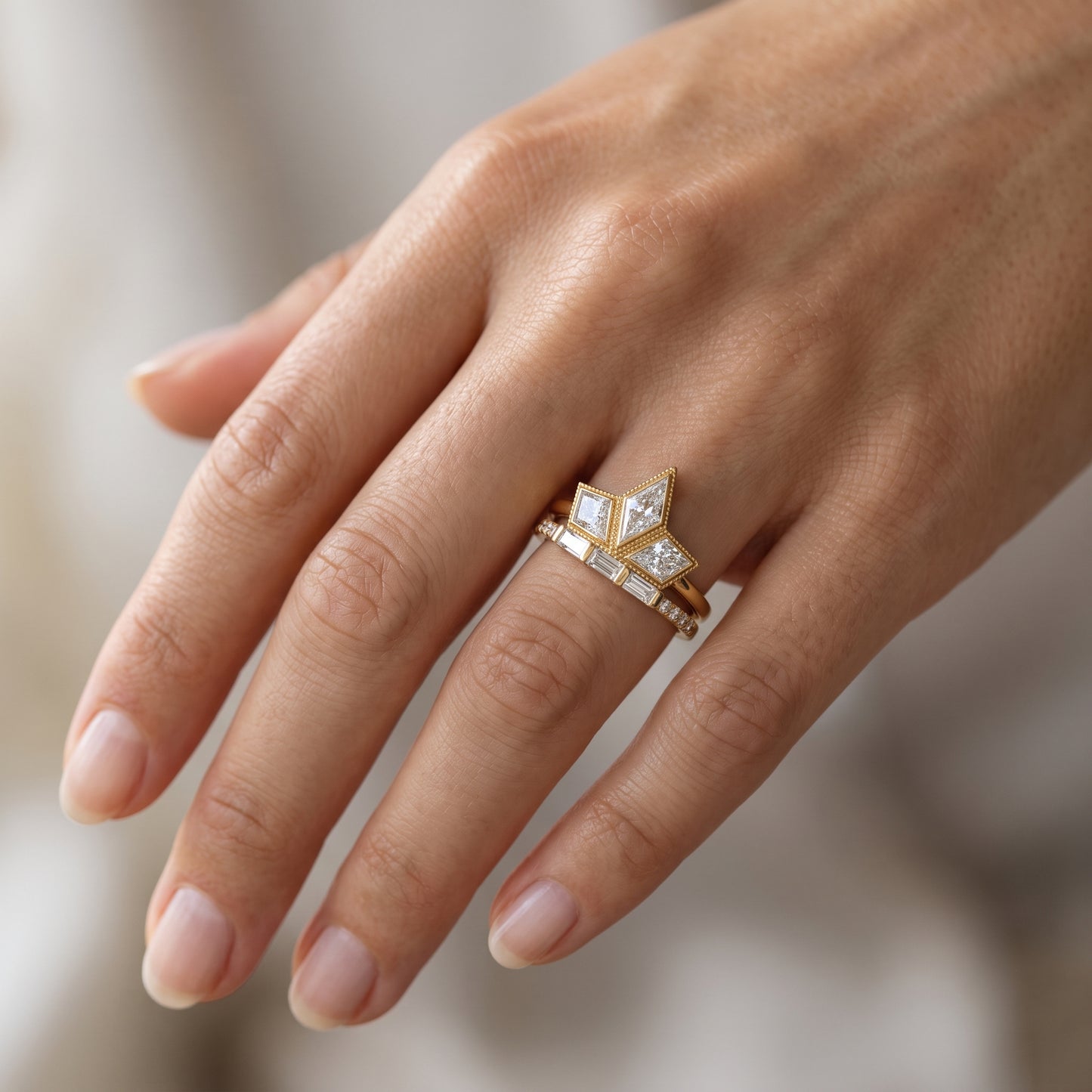 1.20ct Kite Cut Lab Grown Art Deco Three Stone Engagement Ring sets