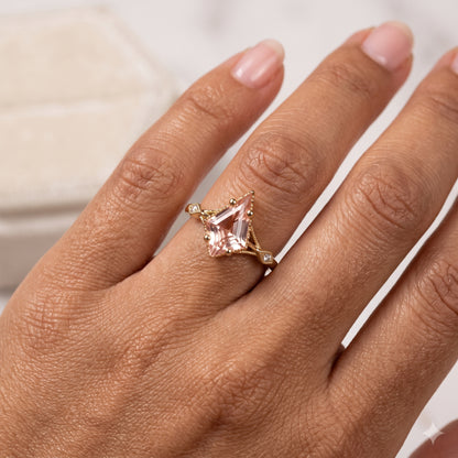 1.35ct Kite Cut Lab Pink Sapphire Engagement Ring • Three Stone Rose Gold Ring