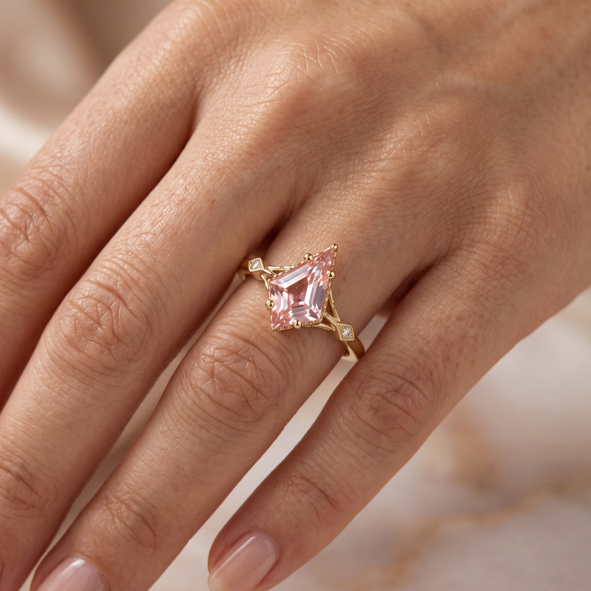1.35ct Kite Cut Lab Pink Sapphire Engagement Ring • Three Stone Rose Gold Ring