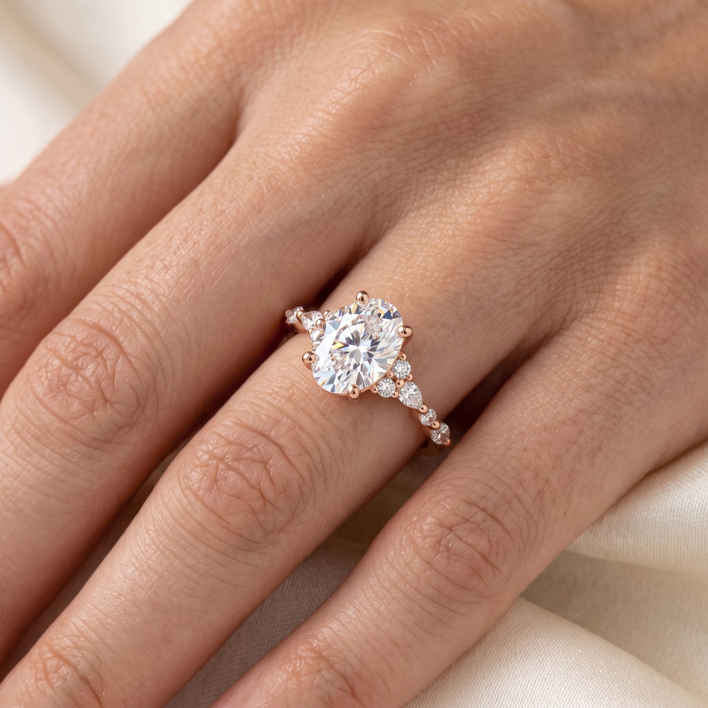 1.25 ct Oval Lab Grown Diamond Engagement Ring • Rose Gold Cluster Bridal Ring