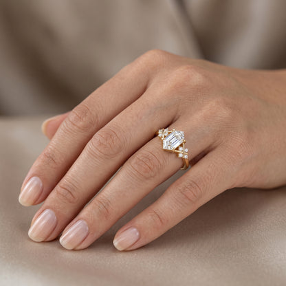 Lab Grown Diamond Hexagon Engagement Ring • Vintage Yellow Gold Cluster Bridal Ring