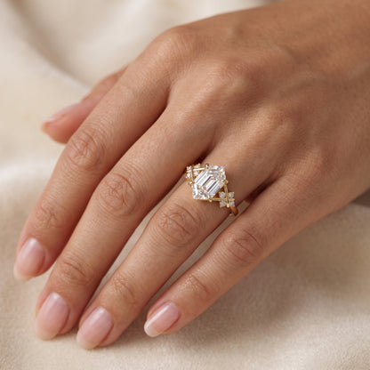 Lab Grown Diamond Hexagon Engagement Ring • Vintage Yellow Gold Cluster Bridal Ring