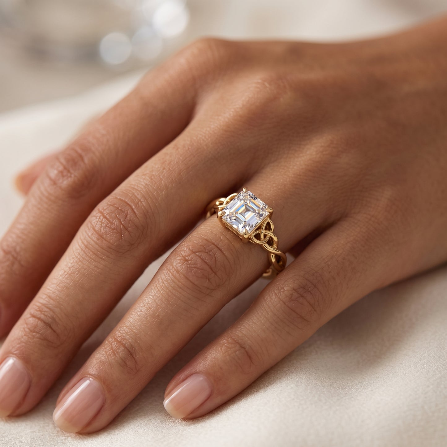 Stylish 1.50ct Asscher Cut Lab Grown Diamond Ring with Infinity Twist