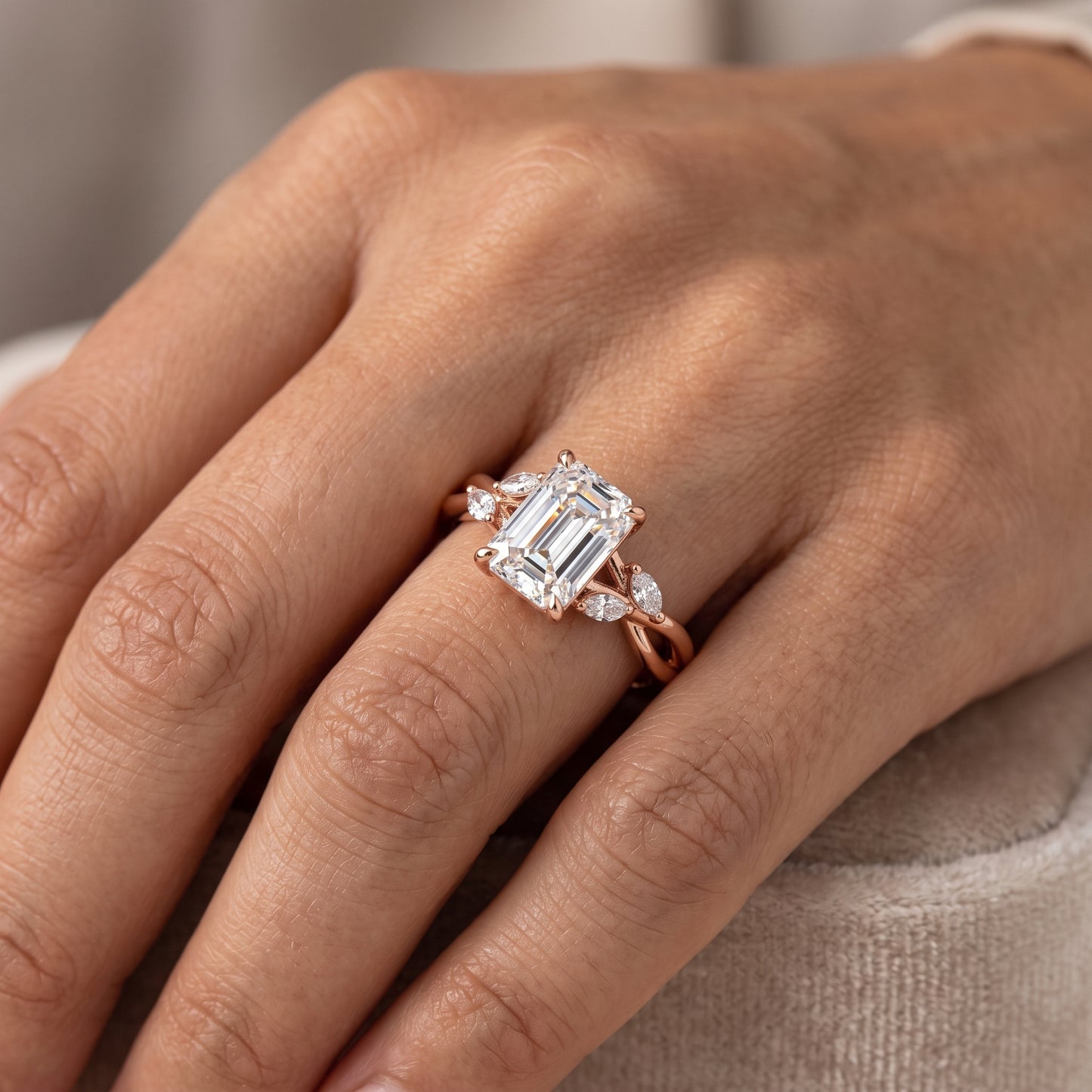 1.5ct Emerald Cut Lab Grown Diamond Twig Engagement Ring, Nature-Inspired Ring