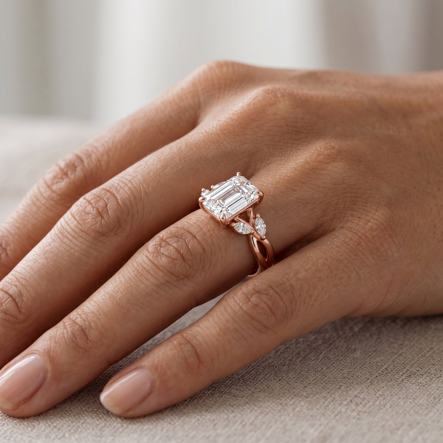 1.5ct Emerald Cut Lab Grown Diamond Twig Engagement Ring, Nature-Inspired Ring