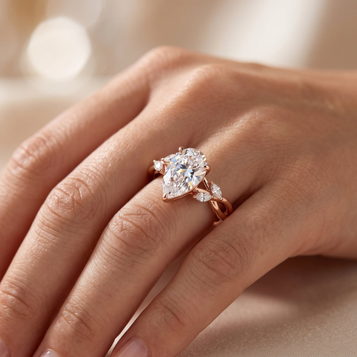 1.5 ct Pear Shaped Lab Grown Diamond Engagement Ring in 14k Rose Gold Twist Band