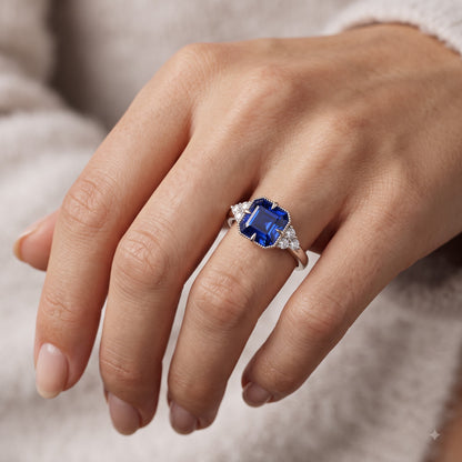 London Blue Topaz Emerald Cut Lab Grown Ring