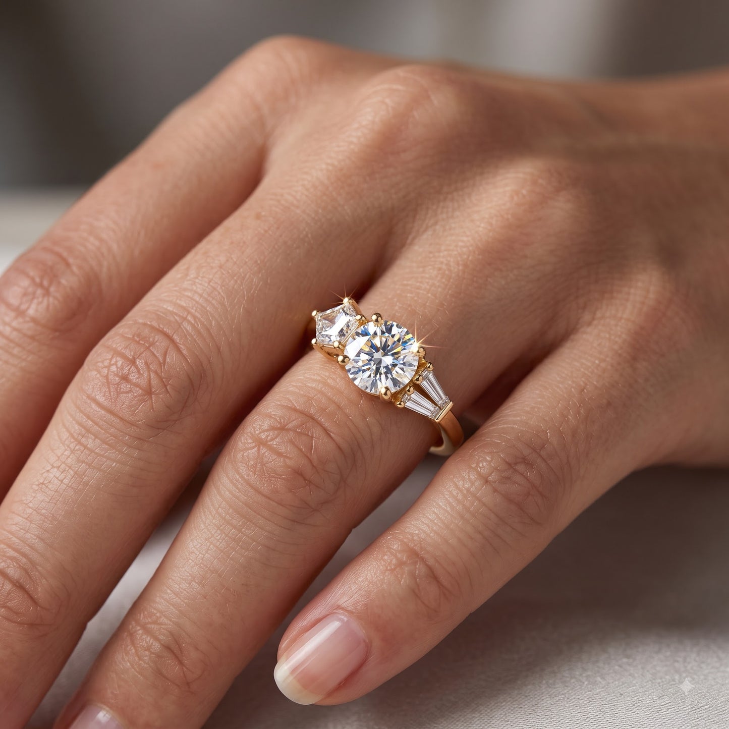 2.10 CT Three Stone Round Cut Lab-Grown Engagement Ring 14K Gold