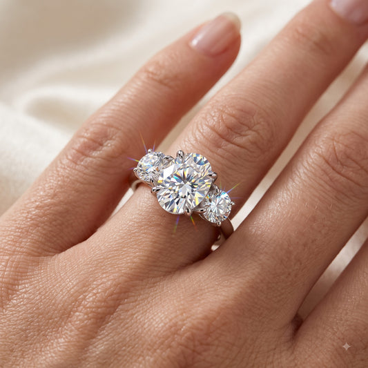 1.00 ct Oval Lab Grown Diamond Engagement Ring • Unique 3-Stone White Gold Cluster Ring