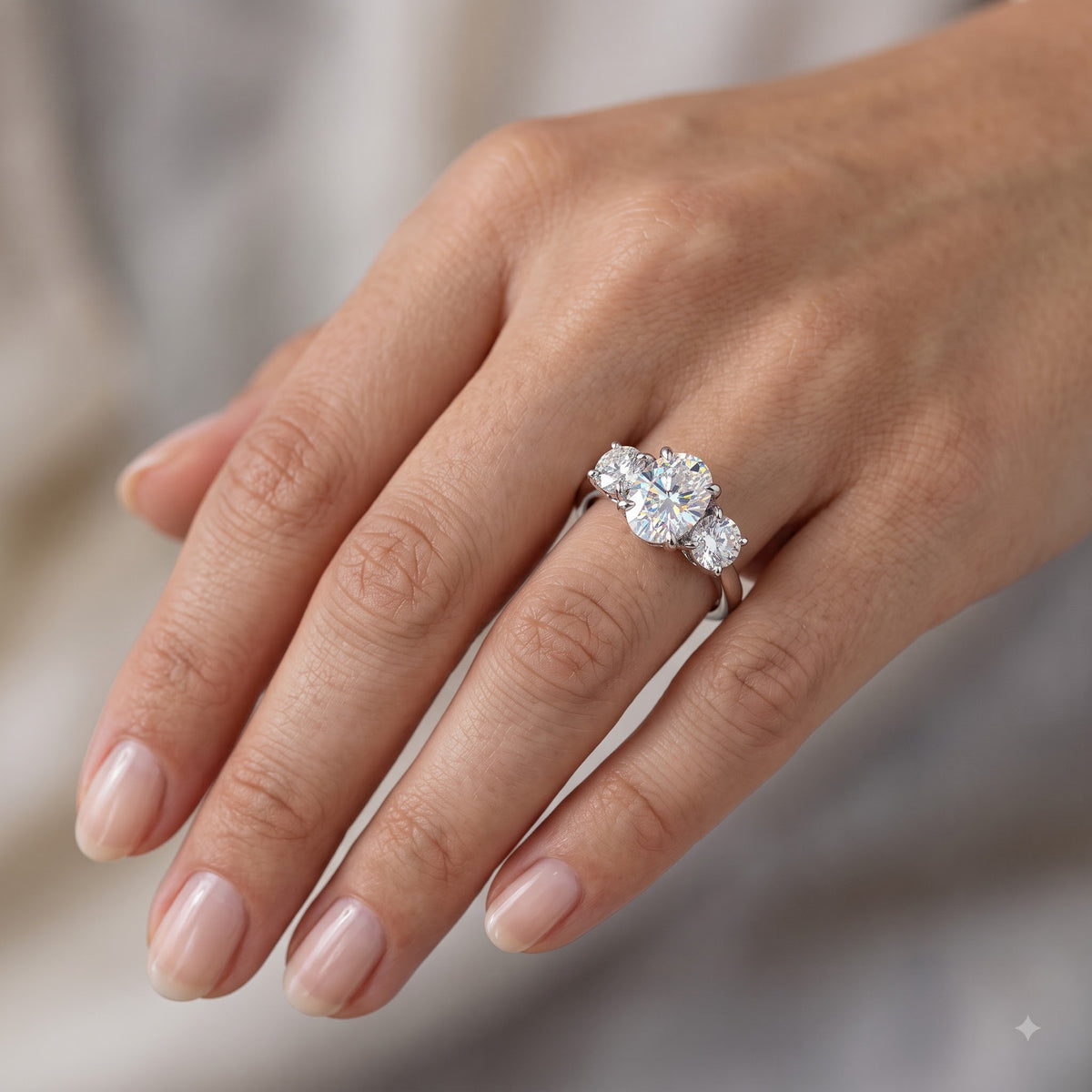 1.00 ct Oval Lab Grown Diamond Engagement Ring • Unique 3-Stone White Gold Cluster Ring