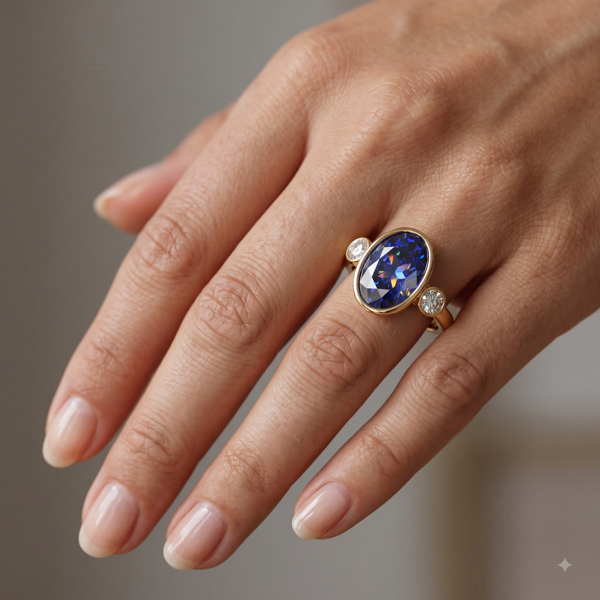 Blue Sapphire Oval Birthstone Bezel Setting Three Stone Engagement Ring