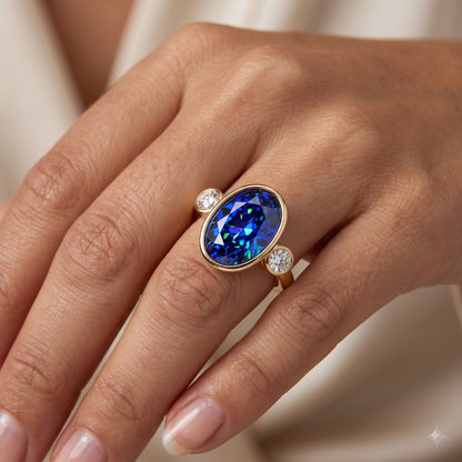 Blue Sapphire Oval Birthstone Bezel Setting Three Stone Engagement Ring