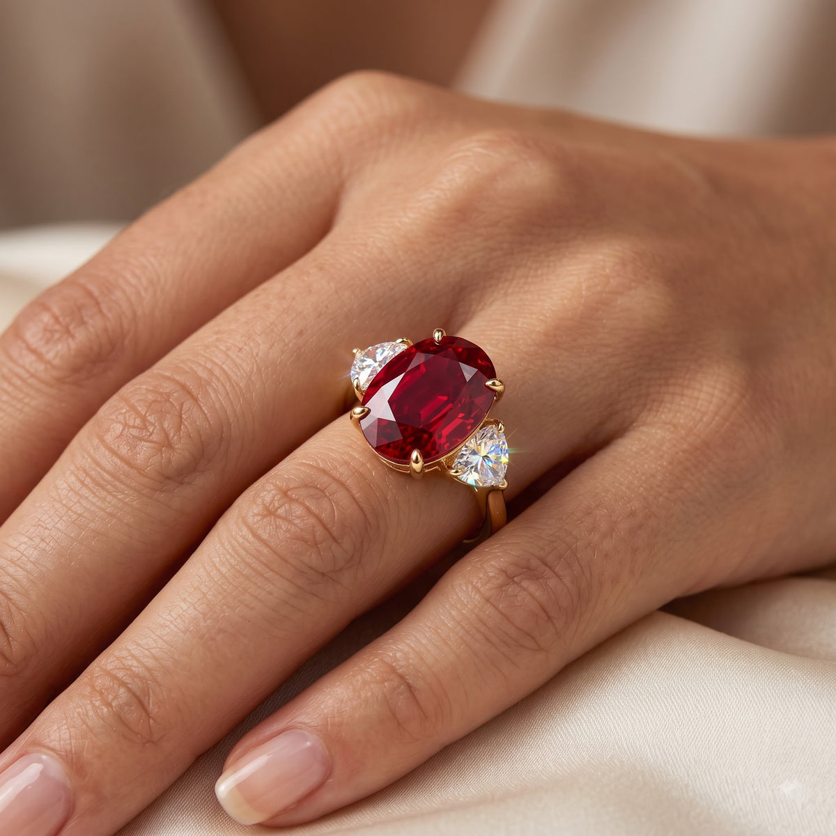 3.00 Carat Pink Elongated Cushion Cut Three Stone Reverse Tapered Lab-Grown Ring