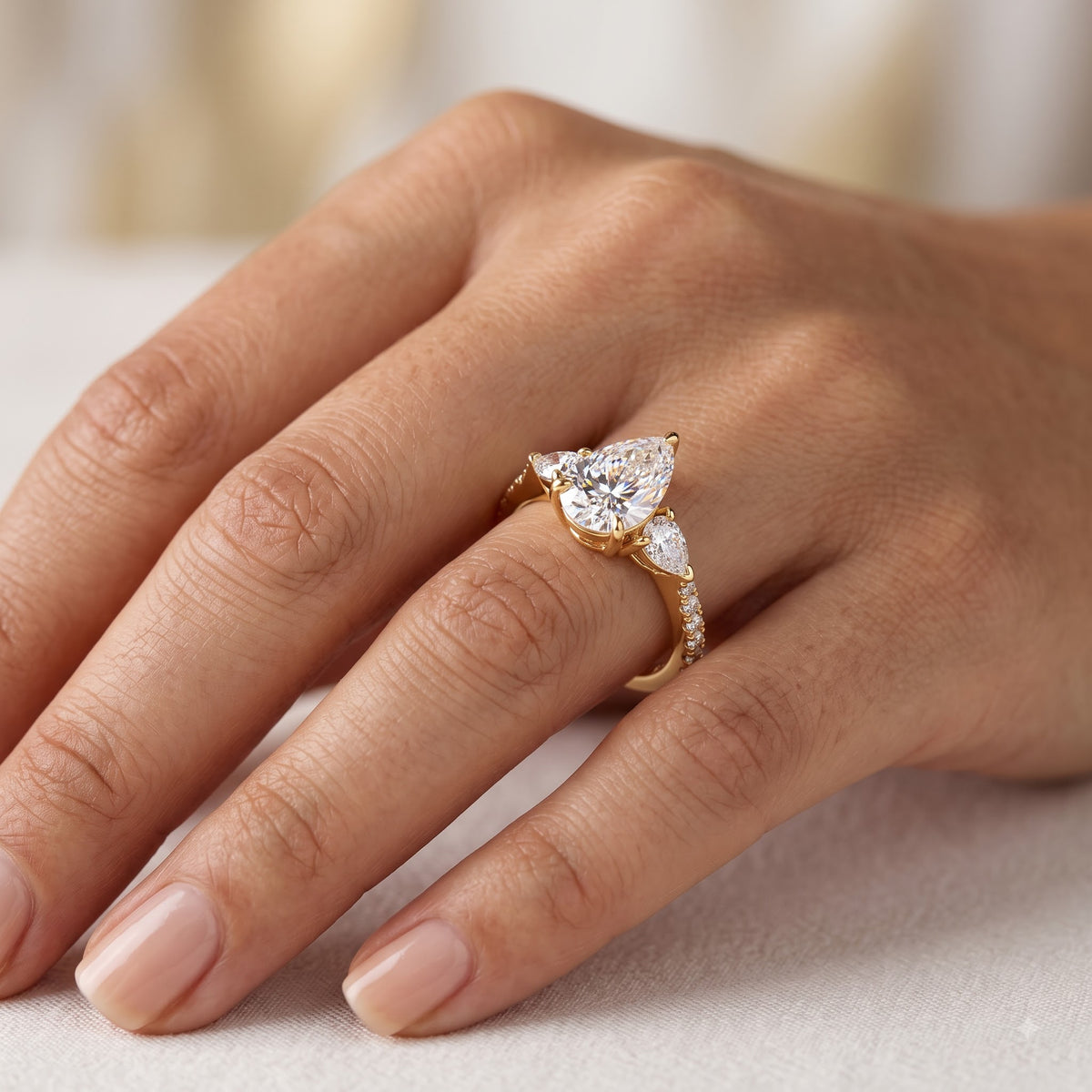 7.7x5.7mm Pear cut Natural Diamond Engagement Ring, Stacking ring