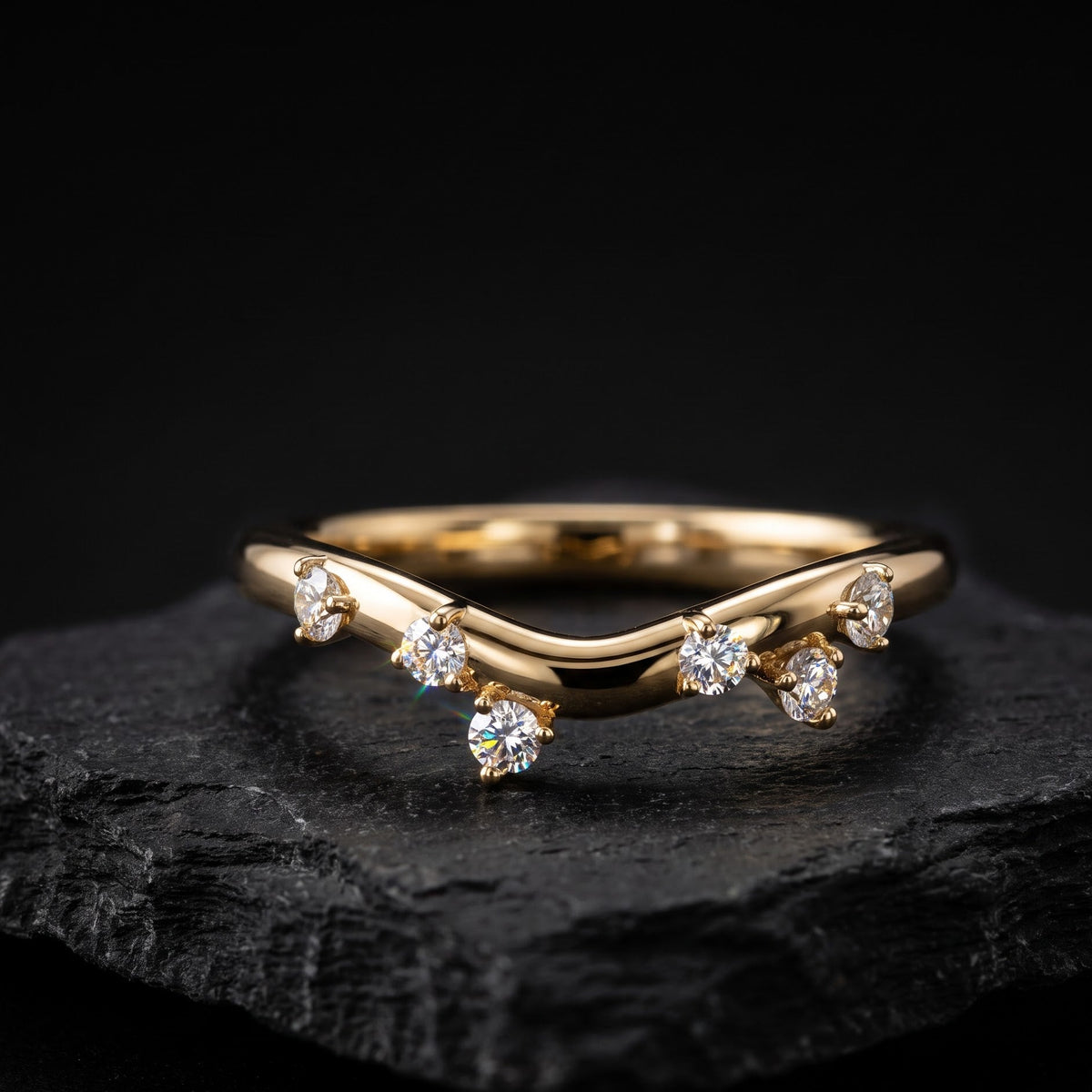 round cut diamond curved wedding band