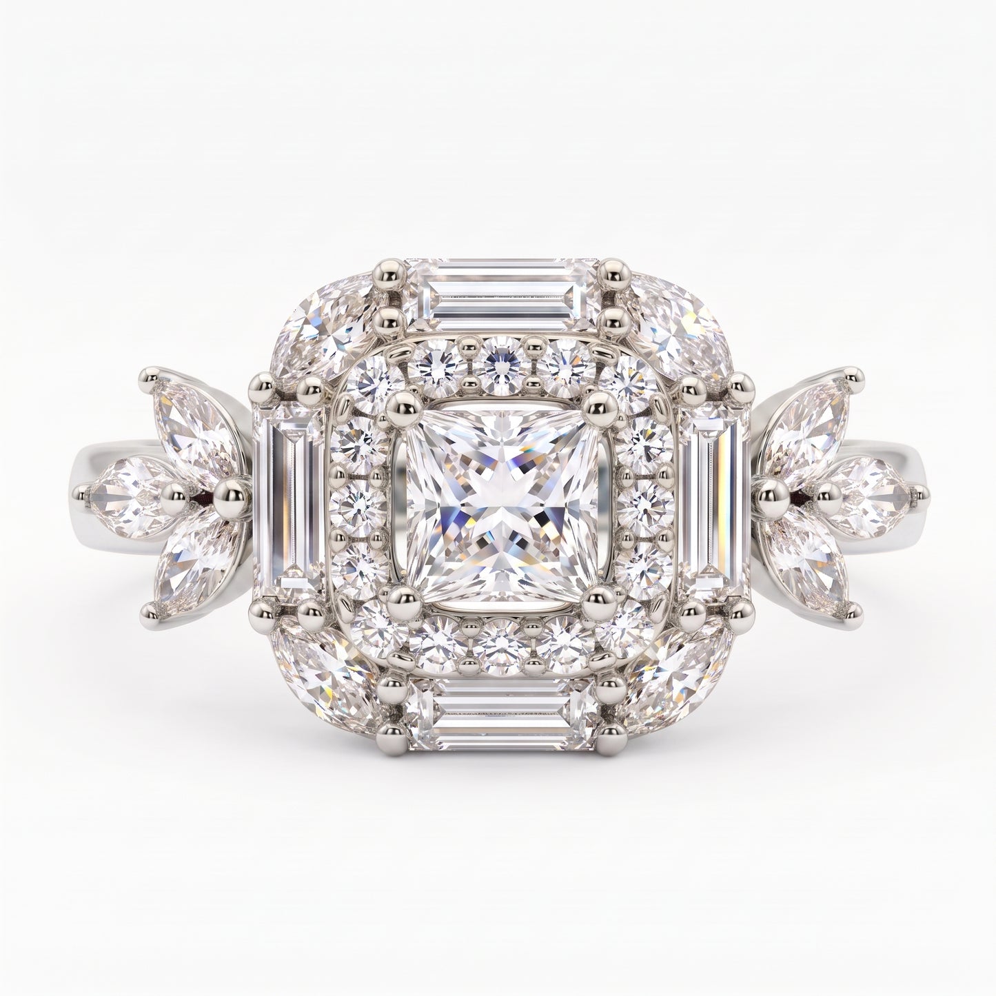 1.20 CT Princess Cut Lab Grown Diamond Floral Halo Engagement Ring, 14K Gold