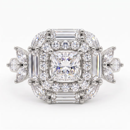 1.20 CT Princess Cut Lab Grown Diamond Floral Halo Engagement Ring, 14K Gold