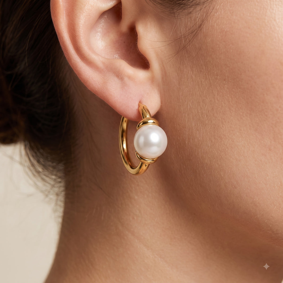 14K Gold Pearl Huggie Hoop Earrings with 4mm White Pearls