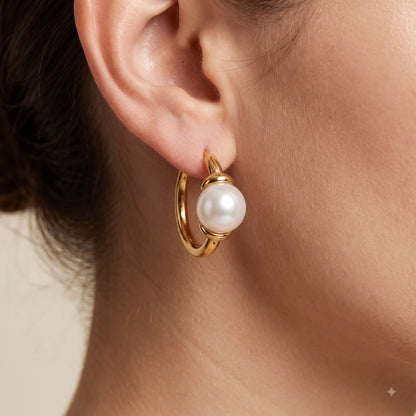 14K Gold Pearl Huggie Hoop Earrings with 4mm White Pearls