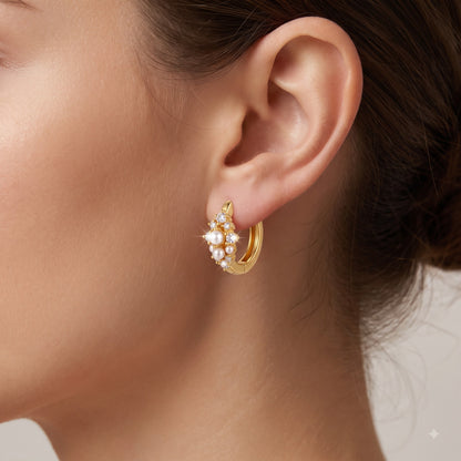 0.16 Ct Lab Grown Diamond Pearl Huggie Hoop Earrings | 14K Gold | Dainty Pearl Earrings