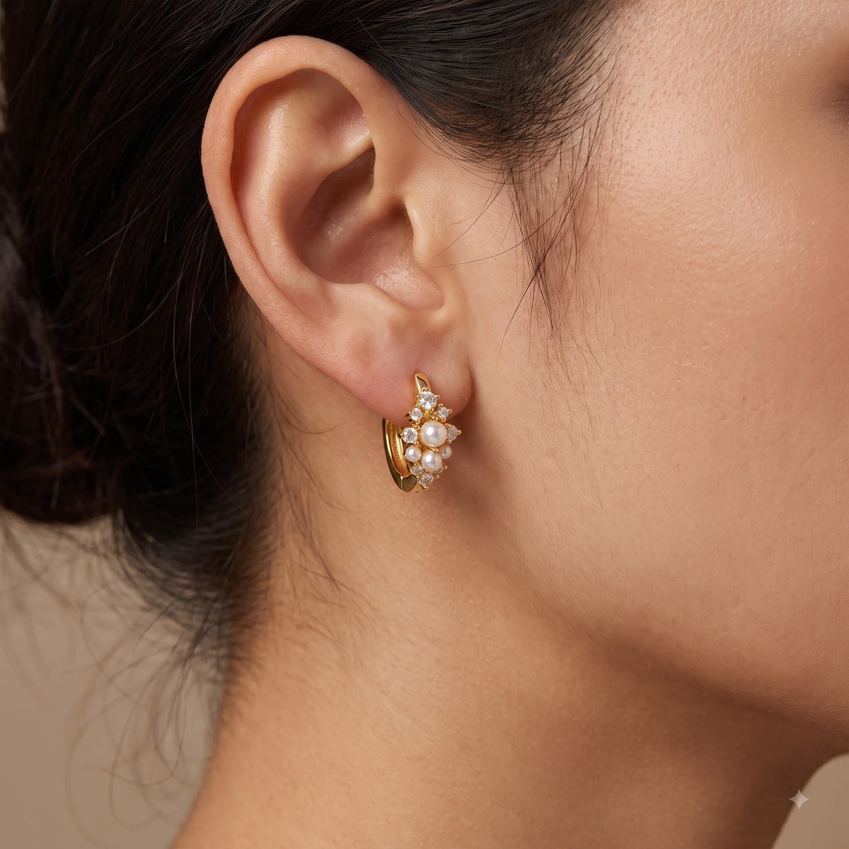 0.16 Ct Lab Grown Diamond Pearl Huggie Hoop Earrings | 14K Gold | Dainty Pearl Earrings