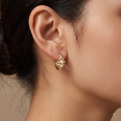 0.16 Ct Lab Grown Diamond Pearl Huggie Hoop Earrings | 14K Gold | Dainty Pearl Earrings