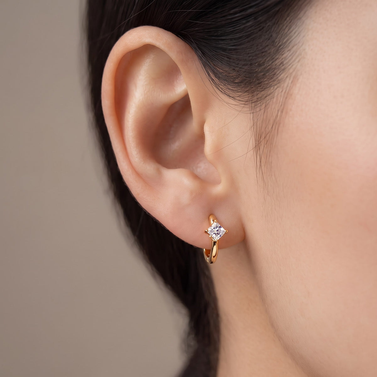 princess cut gold huggie earrings