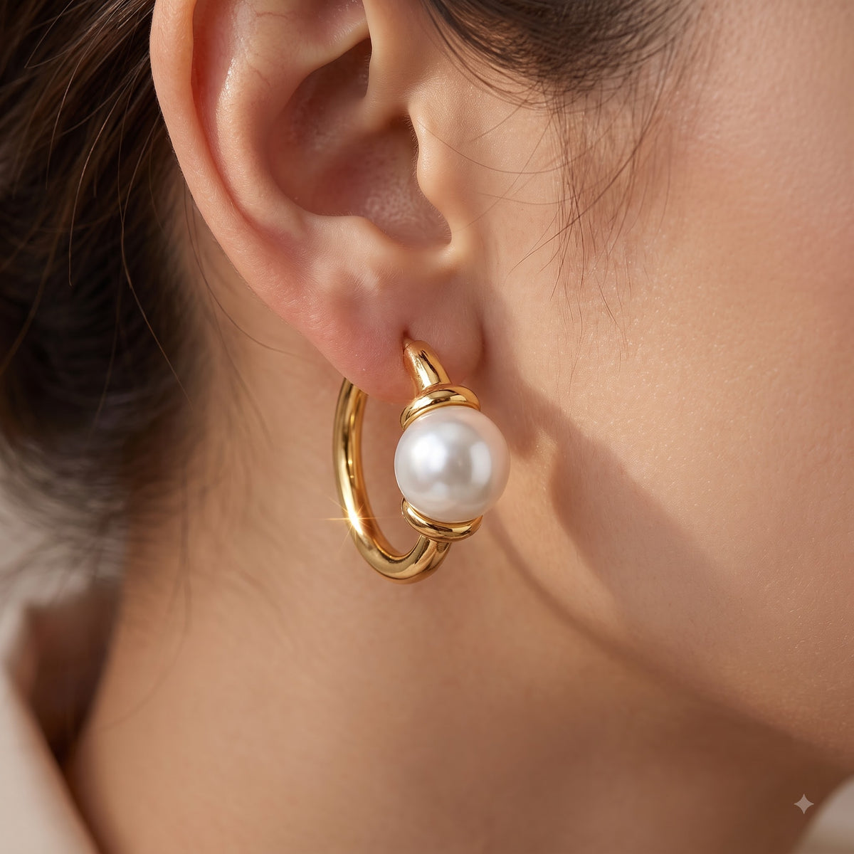 14K Gold Pearl Huggie Hoop Earrings with 4mm White Pearls