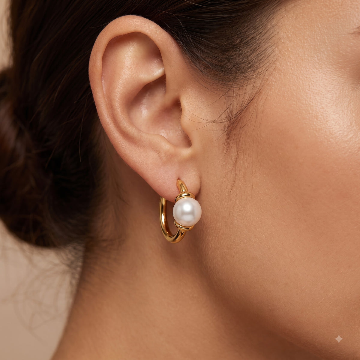 14K Gold Pearl Huggie Hoop Earrings with 4mm White Pearls