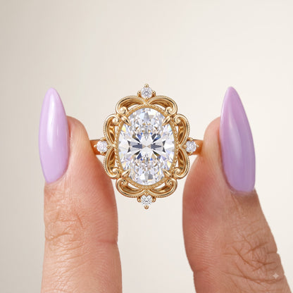 3.20ct Oval Cut Lab Grown Diamond Floral Engagement Ring