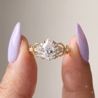 1.00CT Pear Cut Lab Grown Diamond Floral Engagement Ring
