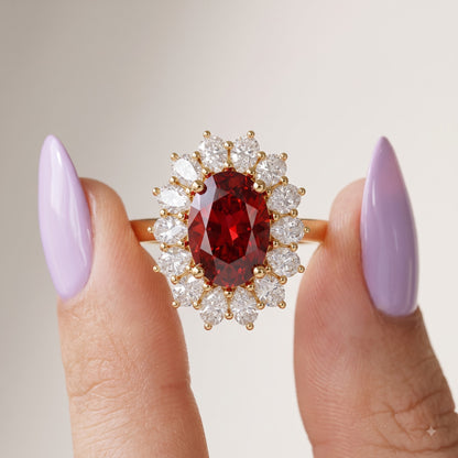 4.400CT Red Oval Cut Diamond Floral Halo Engagement Ring