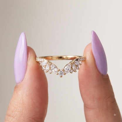 0.600 ct Marquise & Round Cut Lab Grown Diamond V Shape Curved  Band Ring
