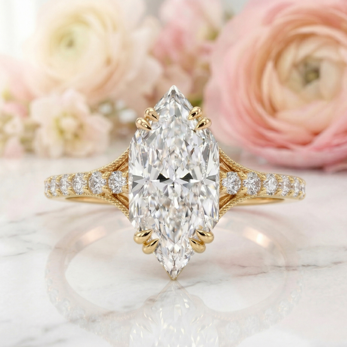 1.400CT Marquise Lab Grown Diamond Engagement Ring, Gold Pavé Band