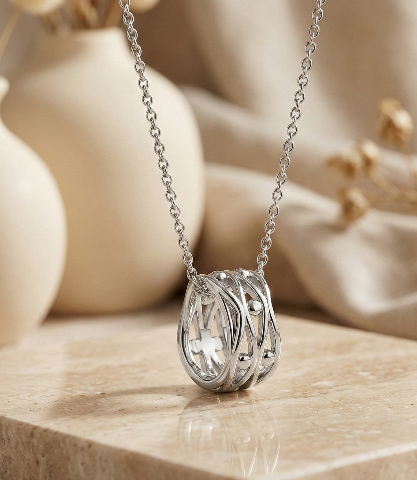 14K Solid Gold Chain Necklace with Intertwined Loop Pendant