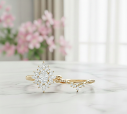 1.80 Ct Pear Cut Diamond Bridal Set – Sunburst Halo Ring