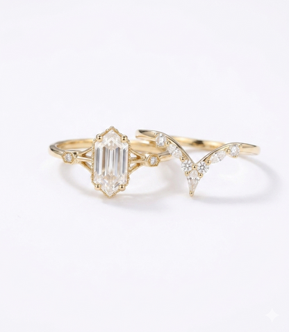5*10mm Long hexagon cut Lab-Grown engagement ring set