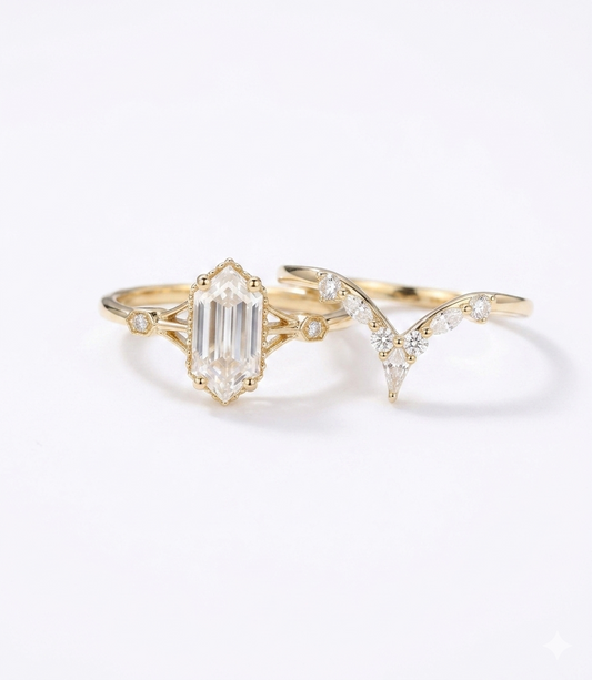 5*10mm Long hexagon cut Lab-Grown engagement ring set