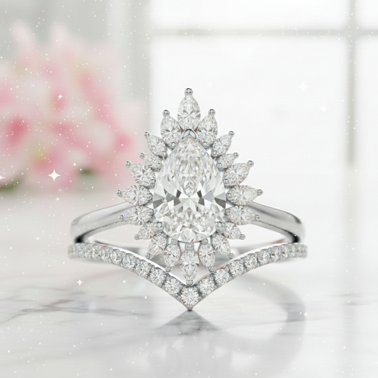 1.80 Ct Pear Cut Floral Halo Moissanite Ring Set