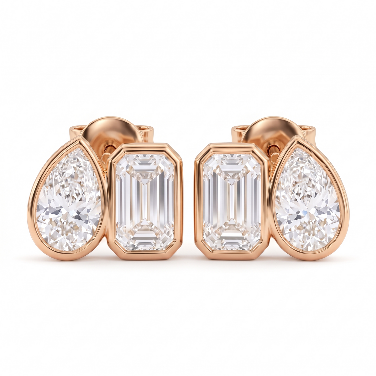 2.00 Ct Pear & Emerald Cut Lab Grown Diamond Bezel Studs Earrings