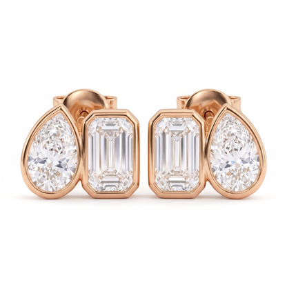 2.00 Ct Pear & Emerald Cut Lab Grown Diamond Bezel Studs Earrings