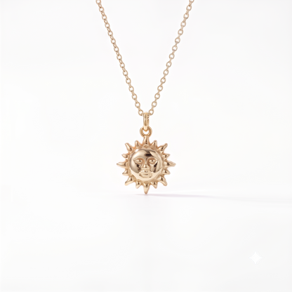 14k Gold Celestial Sun Face Pendant Necklace