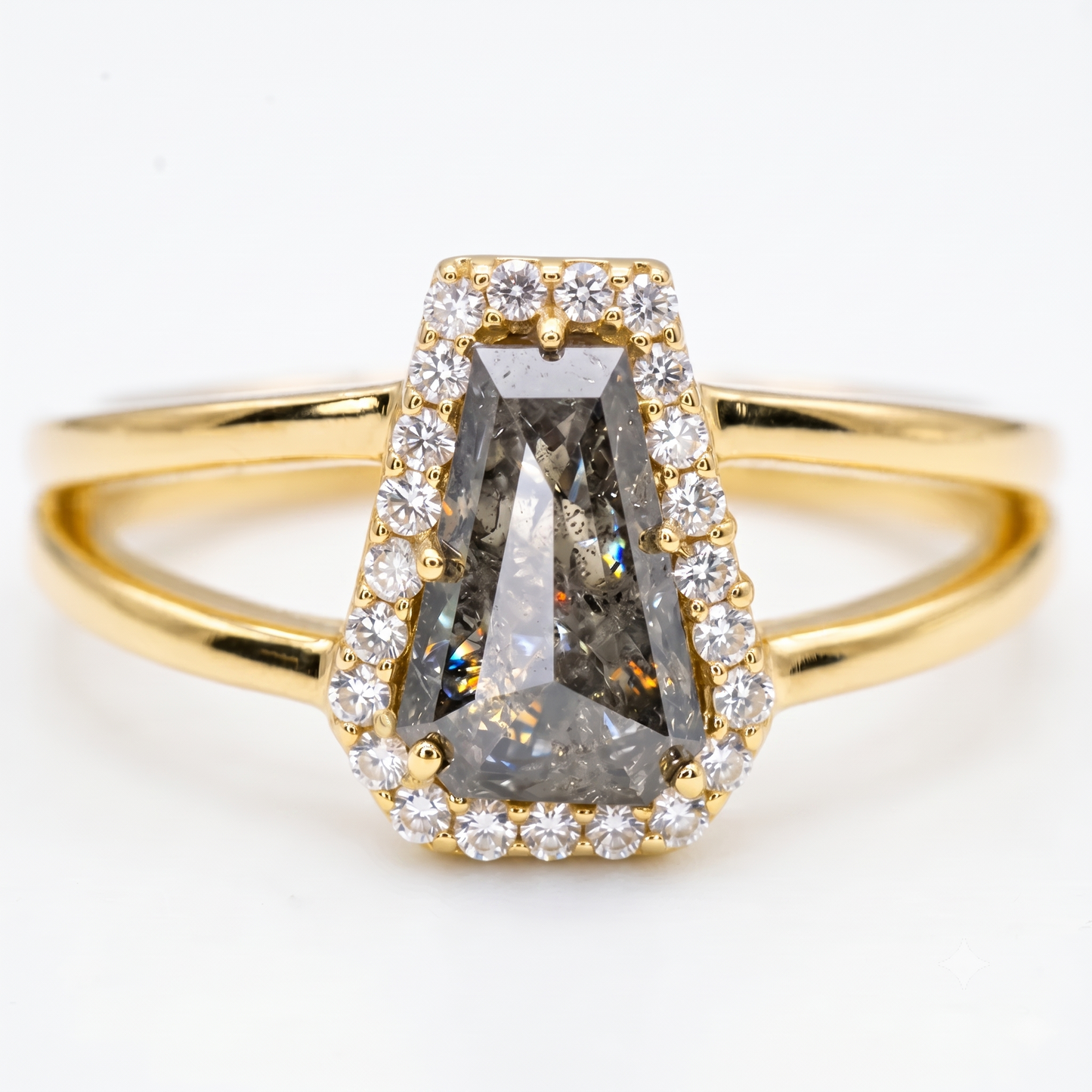 1.00ct Coffin cut salt and pepper Diamond Halo Ring