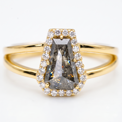 1.00ct Coffin cut salt and pepper Diamond Halo Ring