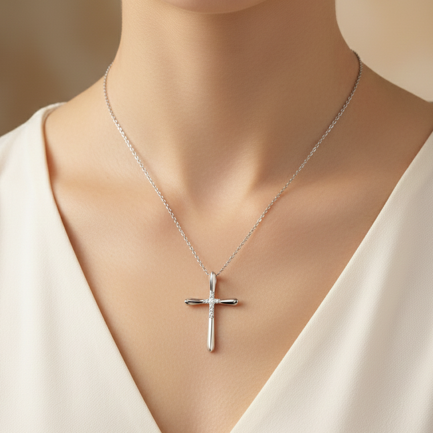 0.100 Ct Lab-Grown Diamond Cross Necklace – 14K Gold Pendant